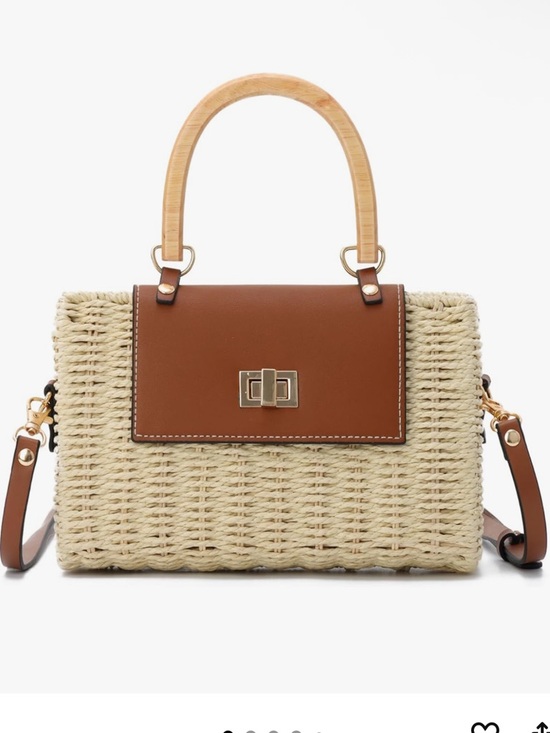 Handbags - Woven Straw Crossbody with Brown Leather Flap and Top Handle